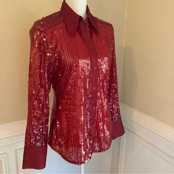 ZARA Red Sequin Long Sleeve Button Down Shirt NWT - Picture 11 of 14
